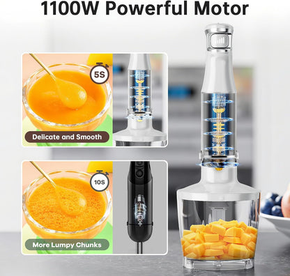 Turelar Immersion Blender Handheld Corded Hand Blenders Set 1100W, Trigger Variable Speed 5 in 1 Stick Emulsifier with Chopper, Whisk and Frother for Soup, Baby Food and Smoothies, Orange
