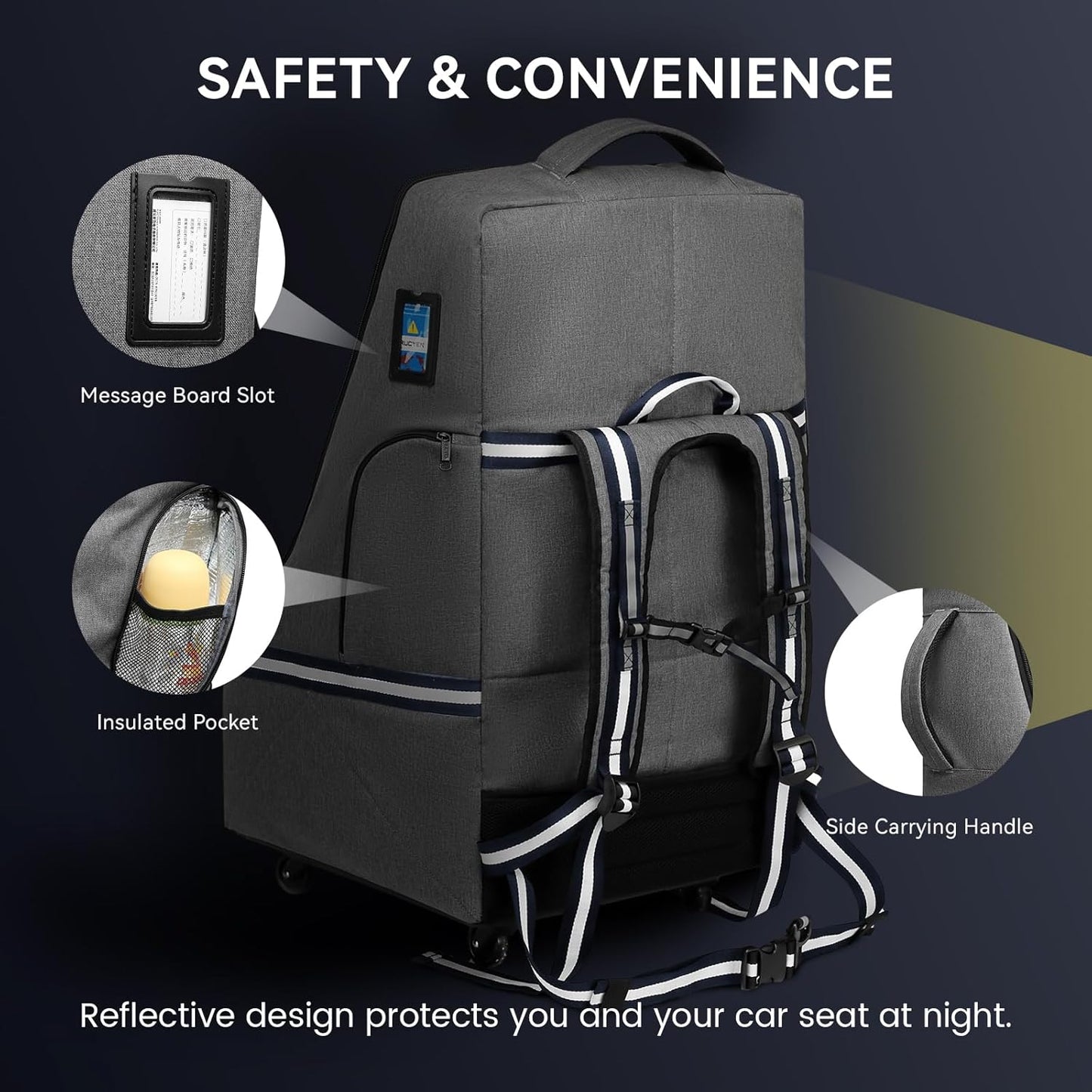 RUCYEN Rolling Car Seat Travel Bag, Padded Carseat Travel Backpack for Airplane,Large Durable Travel Bag with 4 Wheels,Adjustable Shoulder Strap and Waterproof Base Dark Grey