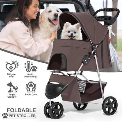 MoNiBloom Foldable Pet Stroller with Weather Cover, 3 Wheels Pet Strolling Cart for Small/Medium Dogs and Cats with Storage Basket and Cup Holder, Breathable and Visible Mesh for All-Season, Black