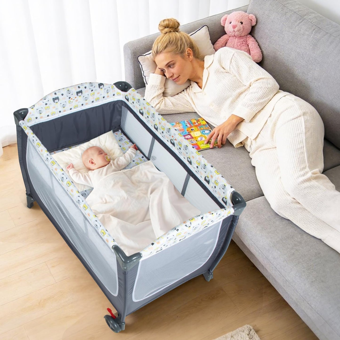 4 in 1 Pack and Play,Foldable Baby Playard with Changing Table,Travel Crib for Infants & Toddlers,Portable Playpen with Breathable Mesh,Wheels & Storage Bag,Grey