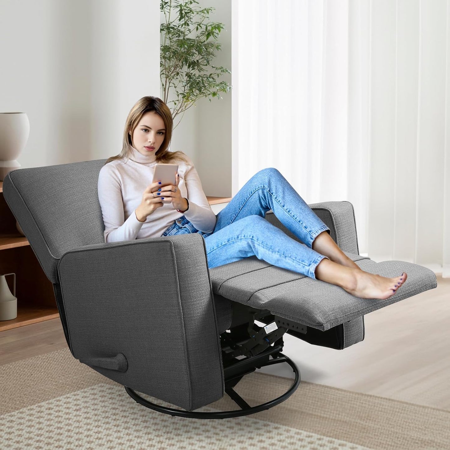 Swivel Rocker Recliner Chair for Adults, High Back Fabric Recliner with Deep Seat, Manual Glider for Living Room & Nursery, Grey