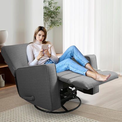 Swivel Rocker Recliner Chair for Adults, High Back Fabric Recliner with Deep Seat, Manual Glider for Living Room & Nursery, Grey