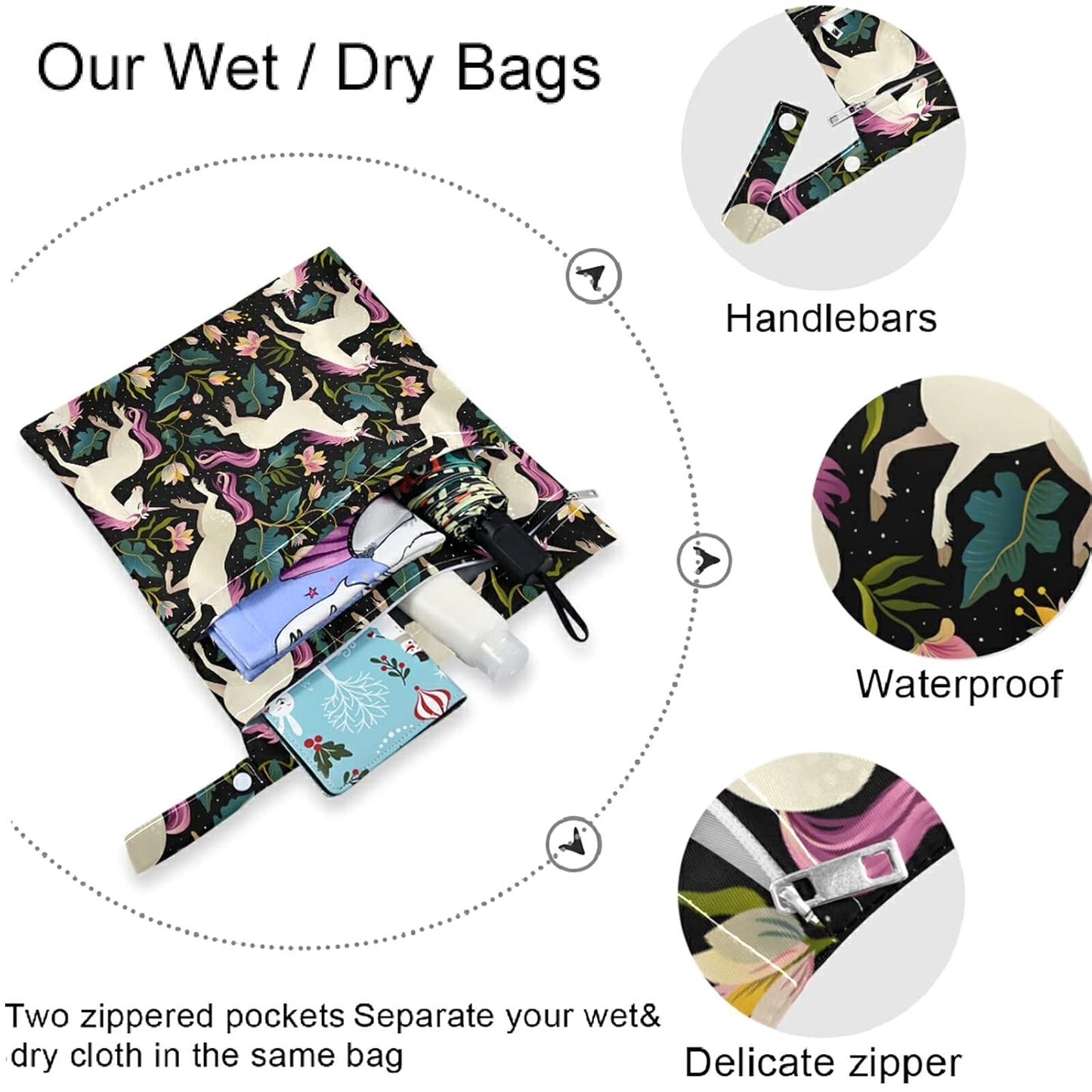 visesunny Yellow Dinosaurs Volcano and Palm Tree 2Pcs Wet Bag with Zippered Pockets Washable Reusable Roomy for Travel,Beach,Pool,Daycare,Stroller,Diapers,Dirty Gym Clothes, Wet Swimsuits, Toiletries