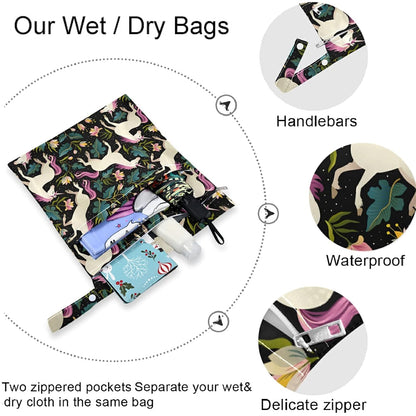 visesunny Yellow Dinosaurs Volcano and Palm Tree 2Pcs Wet Bag with Zippered Pockets Washable Reusable Roomy for Travel,Beach,Pool,Daycare,Stroller,Diapers,Dirty Gym Clothes, Wet Swimsuits, Toiletries