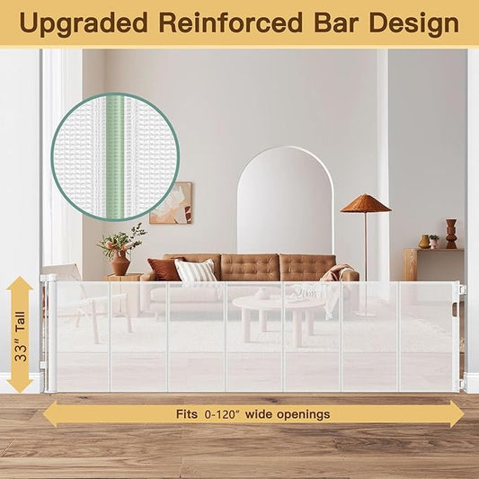 Reinforced 120 Inch Retractable Baby Gates for Doorway, Bottom Anti-Crawl 10 Foot Extra Long Baby Gate, Indoor/Outdoor Retractable Dog Gate for Doorway, Extra Wide Pet Gates for Wide Openings, White
