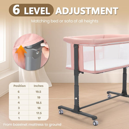 Kinder King Baby Bassinet Bedside Sleeper, Newborn Baby Bedside Crib w/Wheels, All-Sided Mesh, Adjustable Height, Removable Soft Mattress, No Tool to Assemble, Grey