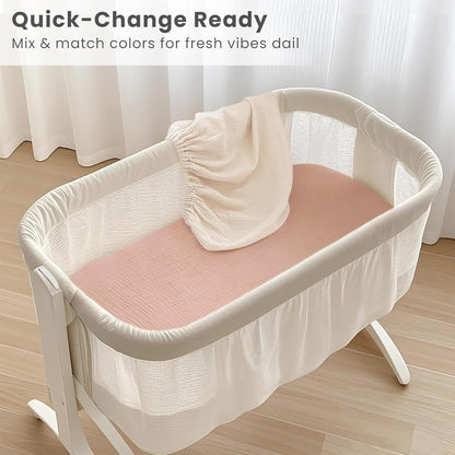 Konssy Muslin Fitted Bassinet Sheets 2 Pack for Baby Girl Boy, Soft Bedside Sleeper Bassinet Sheets Fit for Baby Bassinets, Moses Basket Oval Rectangle Pad/Mattress