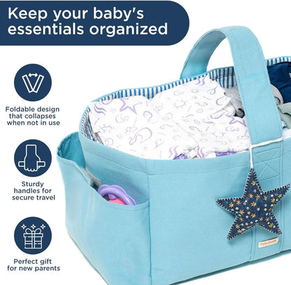 Folkulture Baby Diaper Caddy | Cotton Diaper Bag for Kids - Stylish Comfort Spacious Travel Essential Cart | Nursery Storage Bin and Car Organizer for Diapers, Wipes (Sky Blue - 15")