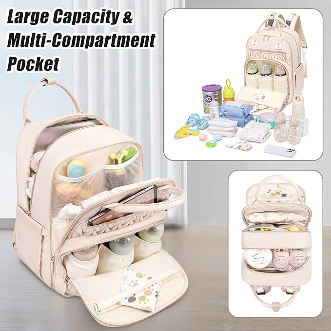 Tealari Diaper Bag Backpack,Stylish Baby Diaper Bag,Waterproof Travel Diaper Backpacks Baby Bags with Changing Pad,Stroller Straps,Insulated Pockets (Beige)
