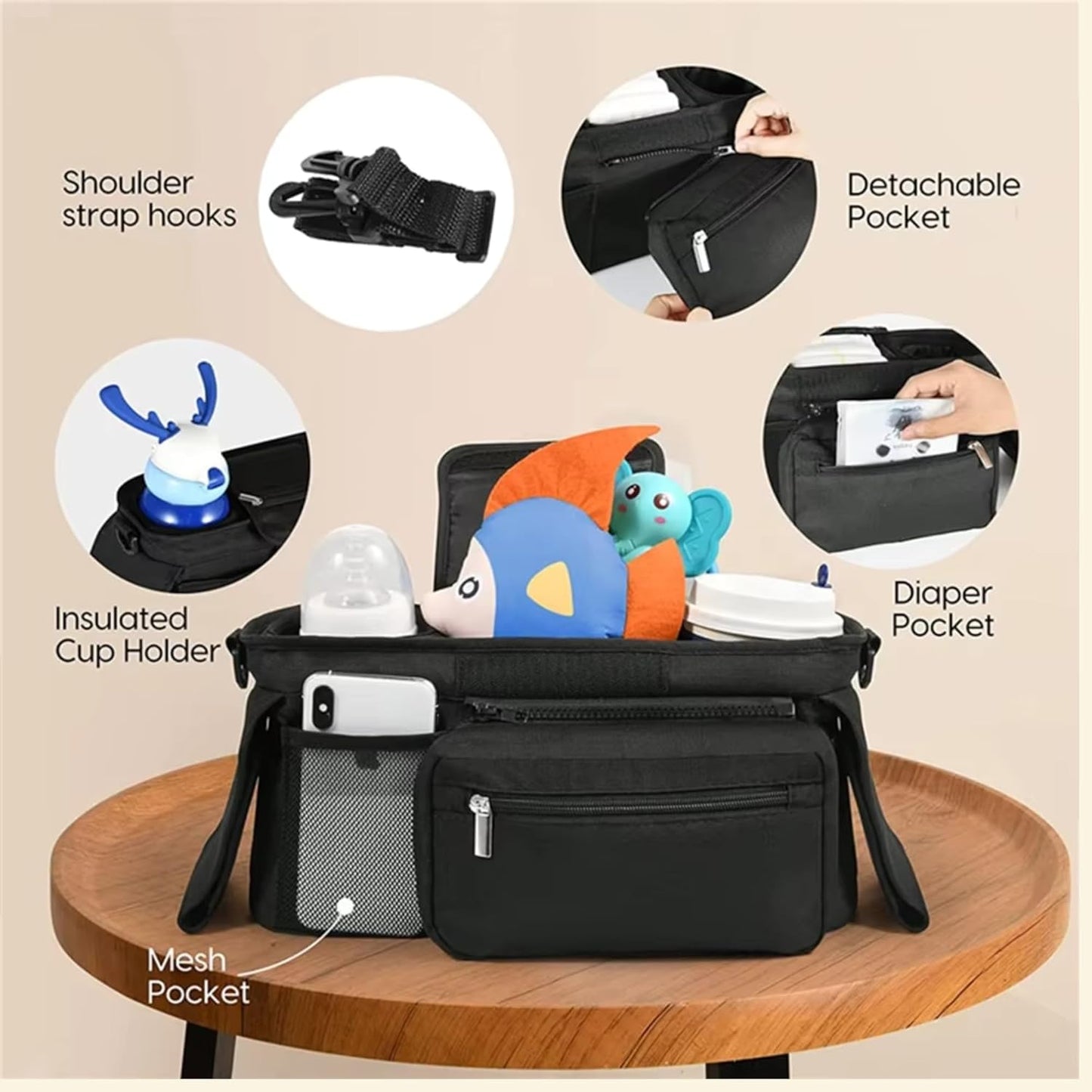 Universal Stroller Organizer with Insulated Cup Holder, Detachable Phone Bag, Shoulder Strap – Fits All Stroller Types, Keeps Drinks Hot/Cold (Pink)
