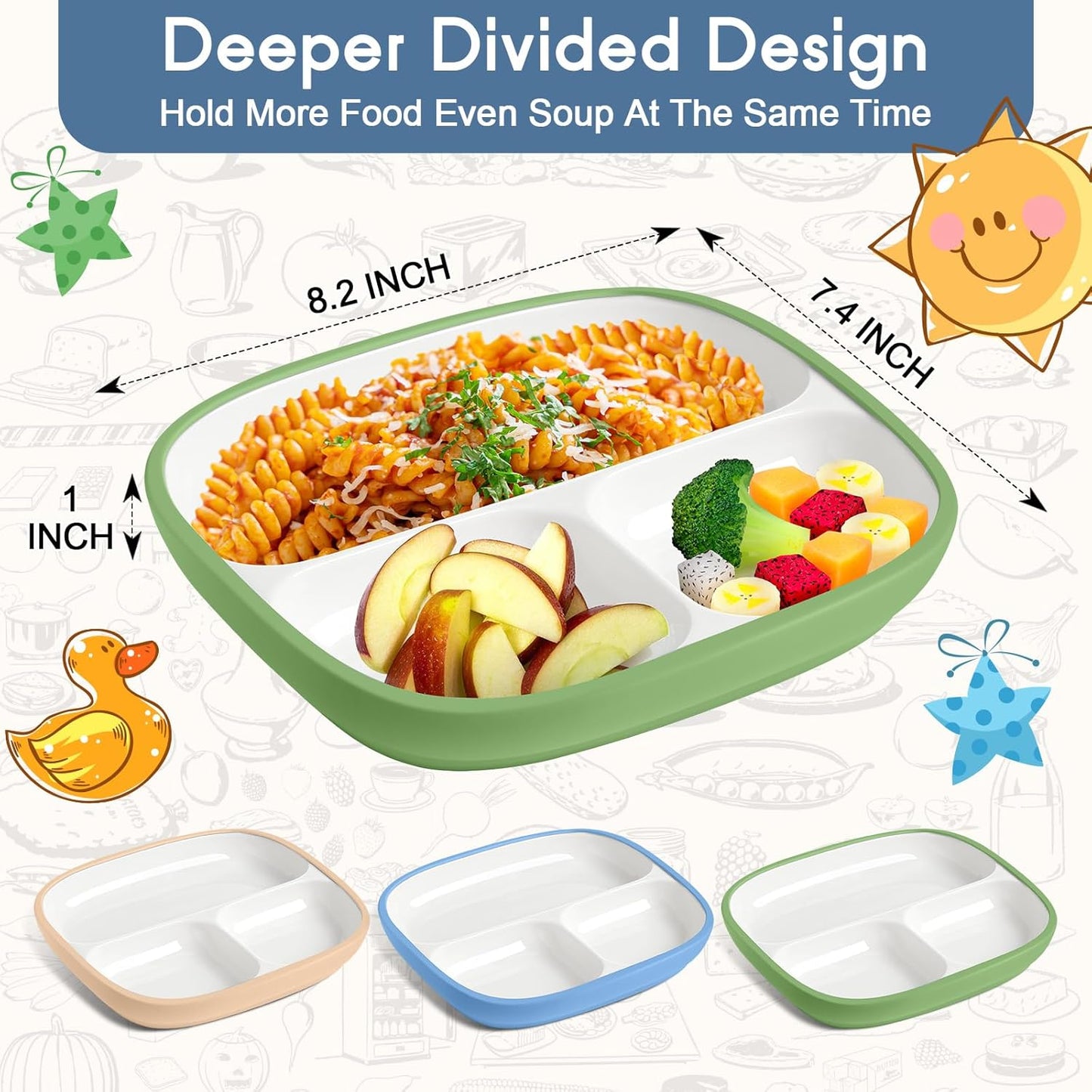 Domensi Kids Porcelain Plates with Silicone Sleeves 8.2 Inch Divided Porcelain Plate Toddler White Suction Dishes for Baby Troubleless Eating Microwave Dishwasher Safe(Stylish,3 Set)