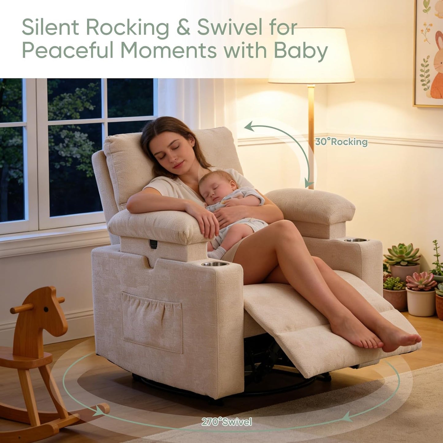 Rocking Chair Nursery with Adjustable Armrest for Breastfeeding, Glider Recliner Nursery Chair with Massage and Heat, Power Swivel Rocker Recliner with Adjustable Headrest, Corduroy, Beige