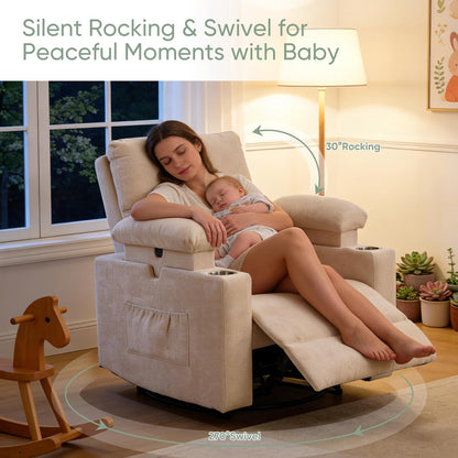 Rocking Chair Nursery with Adjustable Armrest for Breastfeeding, Glider Recliner Nursery Chair with Massage and Heat, Power Swivel Rocker Recliner with Adjustable Headrest, Corduroy, Beige