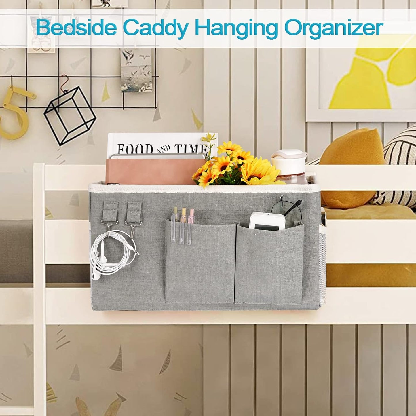 Loghot Bedside Caddy/Bedside Storage Bag Hanging Organizer for Bunk and Hospital Beds,Dorm Rooms Bed Rails,Can be Placed Glasses,Books,Mobile Phones,Keys (White)