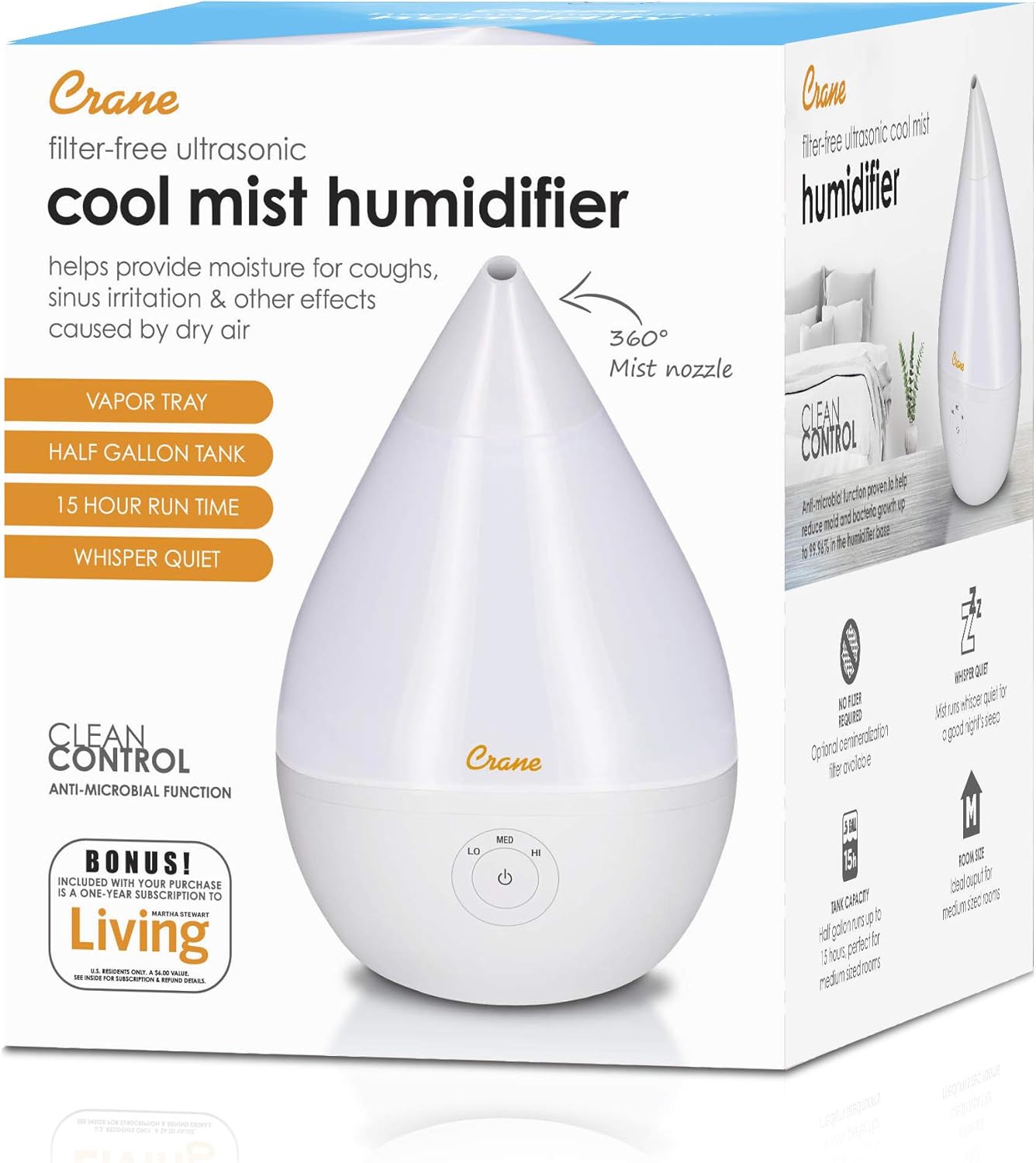 Crane Droplet Ultrasonic Small Air Humidifiers for Bedroom and Office, 0.5 Gallon Cool Mist Humidifier for Plants and Home, Humidifier Filters Optional, White