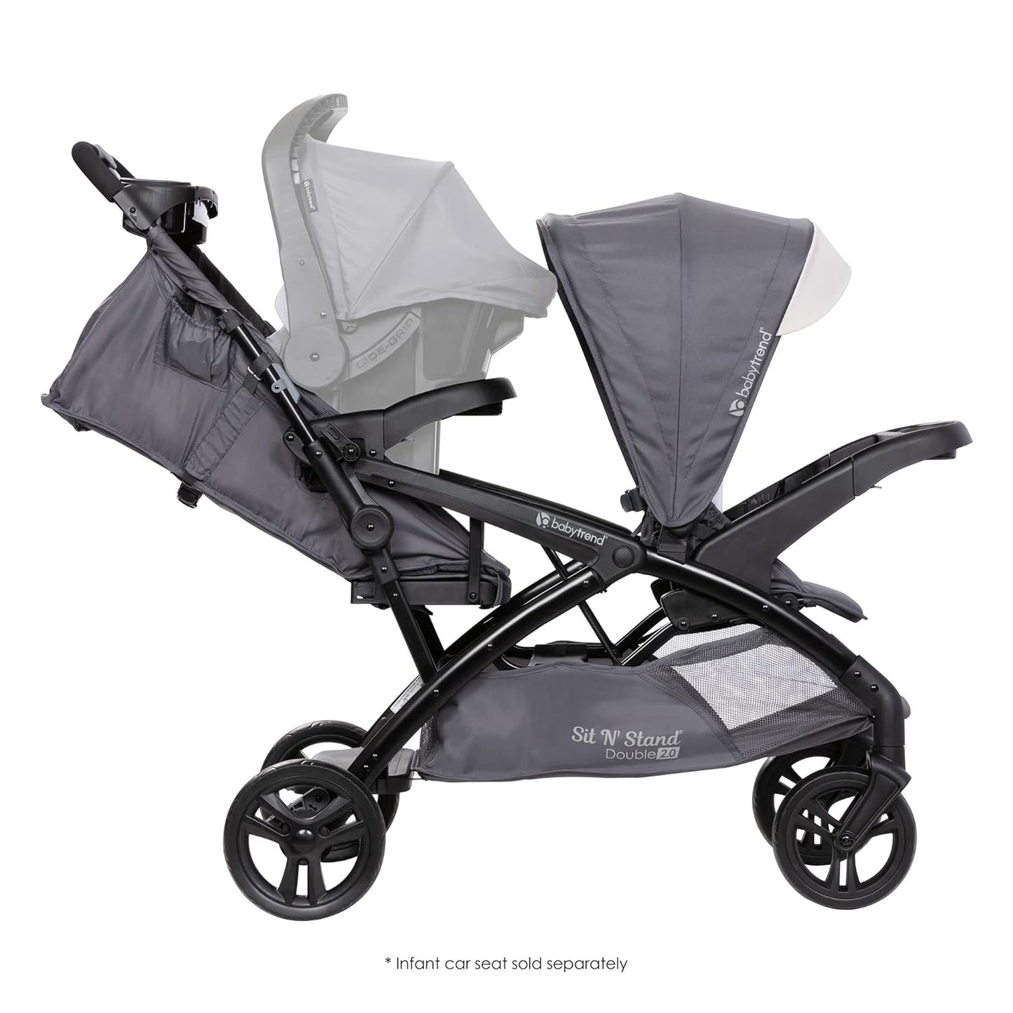 Baby Trend Double Stroller with Canopy Visors, Storage Basket and 2 Cup Holders, Sit N' Stand 2.0 DLX, Stormy – Foldable Infant and Toddler Tandem Stroller and Travel System