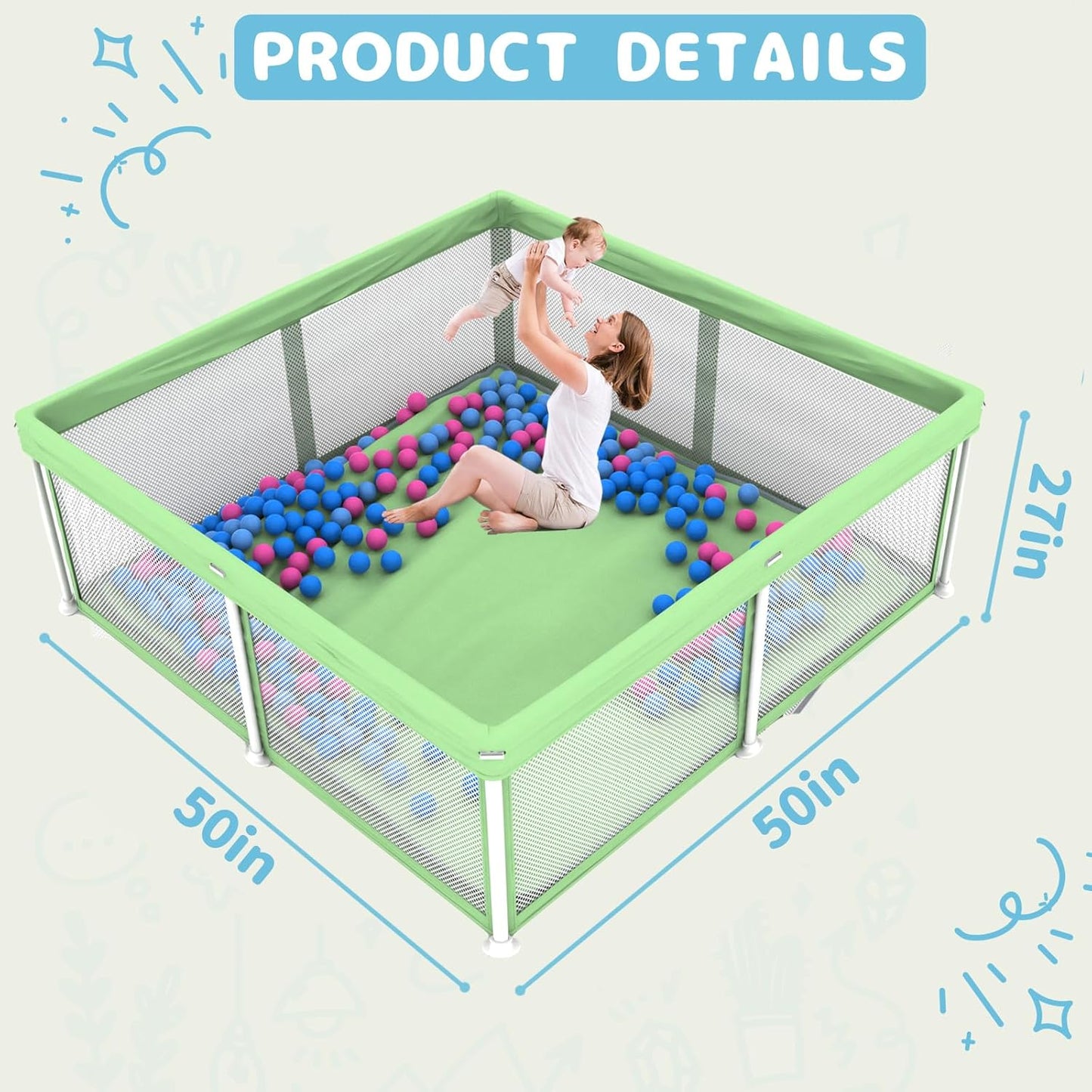 TOREVSIOR Foldable Baby Playpen with Mat, 50"×50" Collapsible Play Pen for Babies and Toddlers, Indoor & Outdoor Kids Safety Play Pen, Portable Play Yard, Foldable Baby Playpen with 50 Ocean Balls