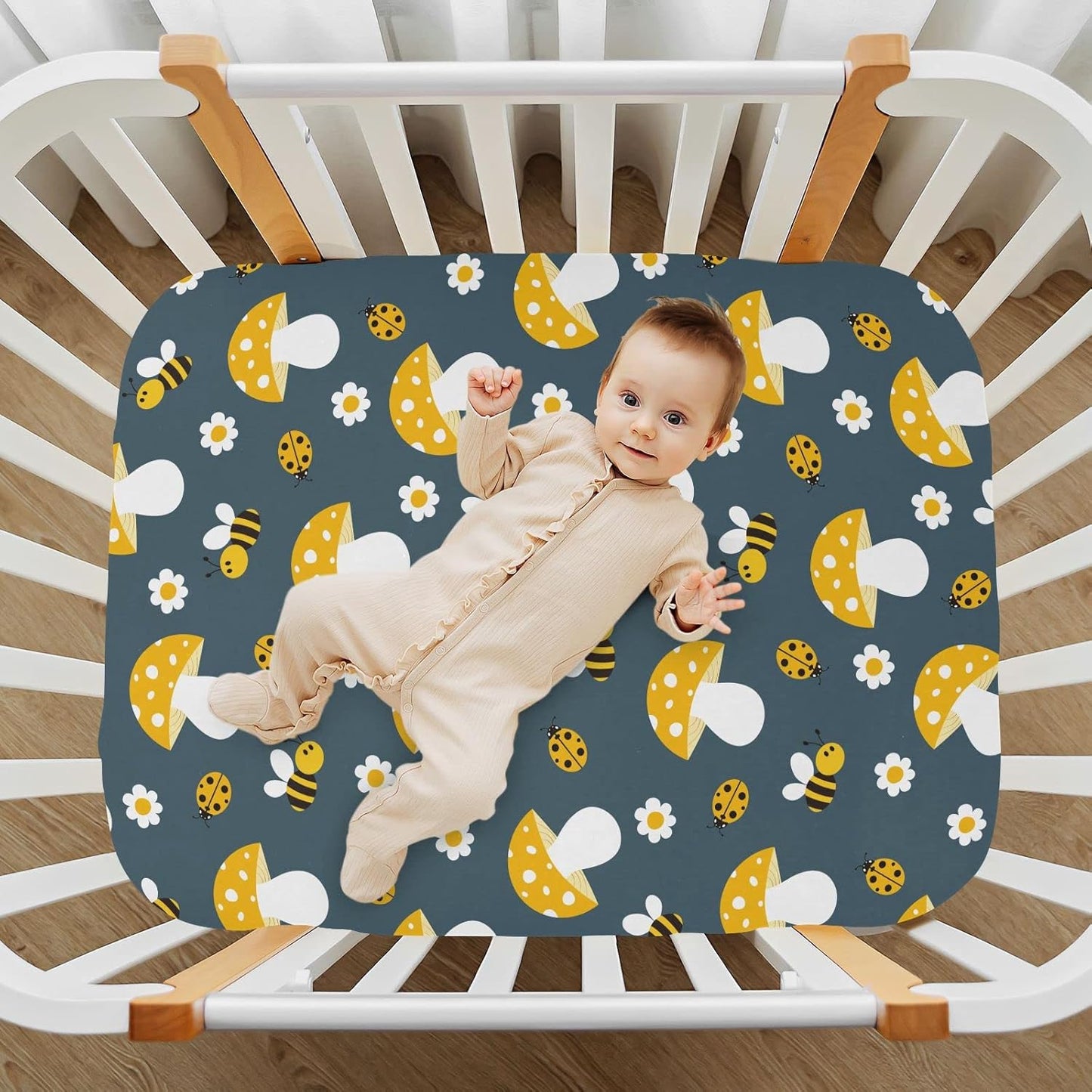 Fitted Crib Sheets White Bears with Clouds Stretchy Portable Playard Sheets for Baby Toddler, Breathable Soft Mini Crib Mattress 39 x 27 in for Boys and Girls