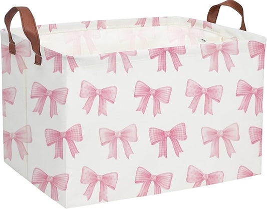 Sanjiaofeng Rectangular Kids Basket Pink Storage Bins,Girls Storage Baskets with Handles.Clothers,Toys,Books,Kid's Gifts Storage. (Pink Bowknot)