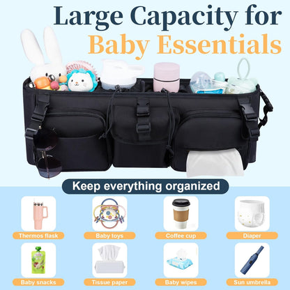 GDNasist Double Stroller Organizer Compatible with Bob Duallie and Baby Jogger City Mini GT2, Double Baby Stroller Accessories with Cooler Bag, Parent Console Double Jogging Stroller Caddy, Black