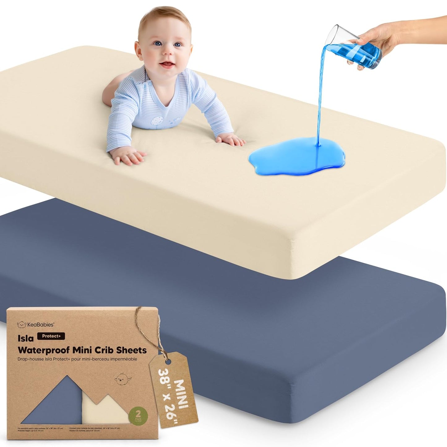 2-Pack Waterproof Pack and Play Sheets, Mini Crib Sheets Fitted for Boy, Girl - 38 x 26 Viscose from Bamboo Pack N Play Mattress Sheets for Graco, Toddler Playard Baby Crib Sheets Neutral (Blue Flax) - Colors B
