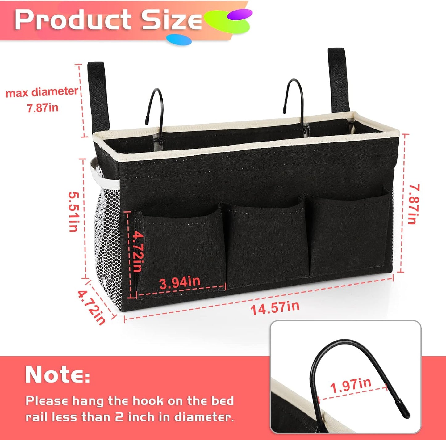 Loghot Bedside Caddy/Bedside Storage Bag Hanging Organizer for Bunk and Hospital Beds,Dorm Rooms Bed Rails,Can be Placed Glasses,Books,Mobile Phones,Keys (White)