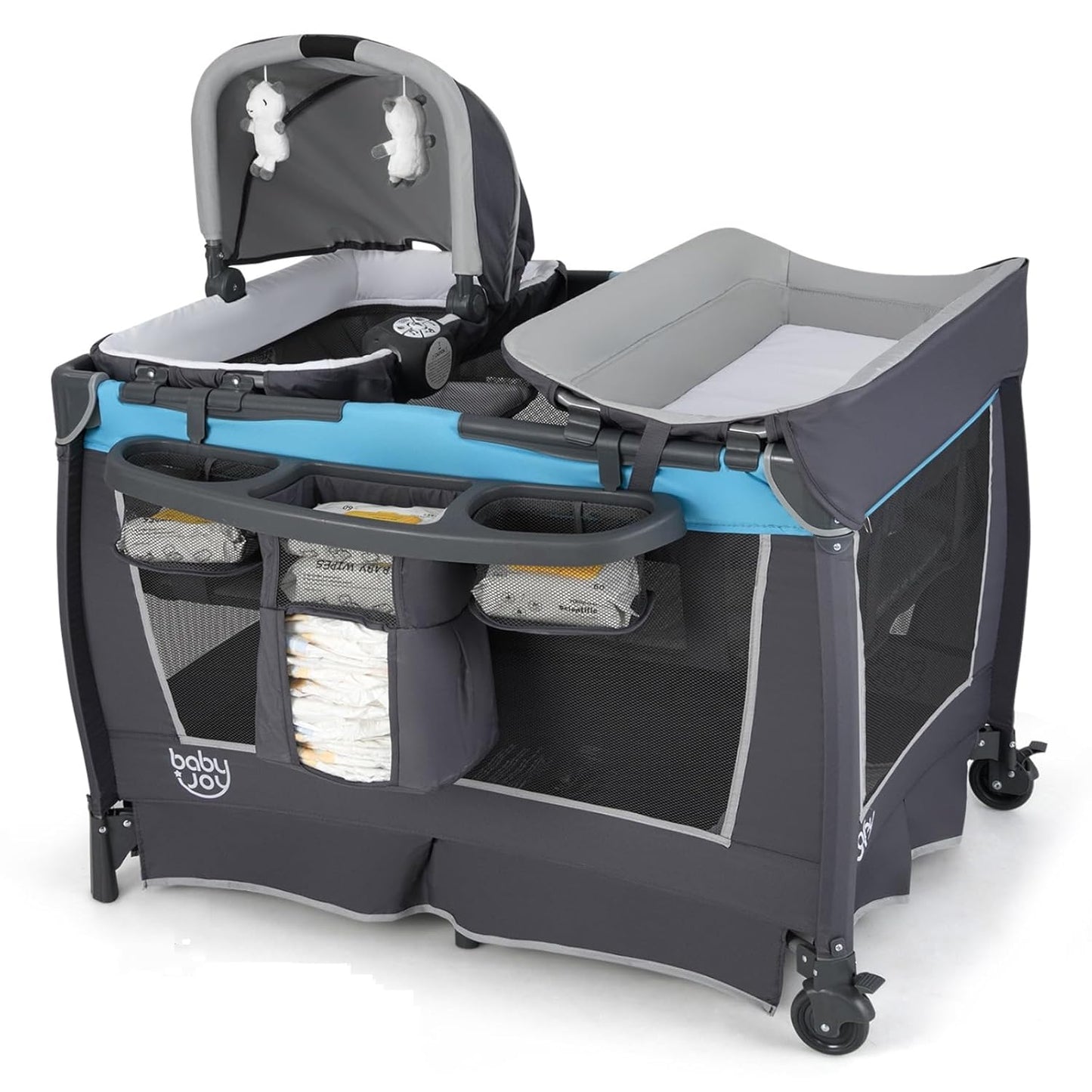 BABY JOY 5 in 1 Pack and Play, Portable Nursery Center Baby Playard w/Bassinet & Diaper Changing Table, Bag, Infant Bassinet Crib Activity Center for Baby Toddlers Indoor Outdoor (Royal Blue, Classic)
