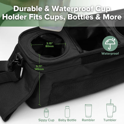 haakaa Universal Stroller Organizer - Black, Single Cup Holder, Stroller Caddy Accessories with Shoulder Strap & Extra Non-Slip Stroller Hook, Fits Most Strollers