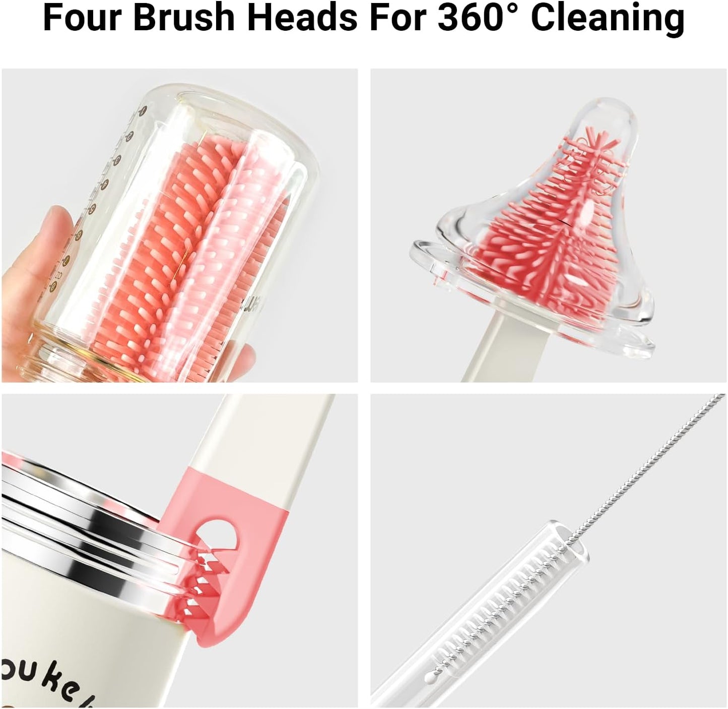 Aynmer Baby Bottle Brush, 10 in 1 Travel Baby Bottle Cleaner Brush Set with Silicone Brush, Nipple Brush, Straw Brush, Soap Dispenser, Portable Drying Rack, Breast Pump & Bottle Cleaning Kit - Pink