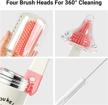 Aynmer Baby Bottle Brush, 10 in 1 Travel Baby Bottle Cleaner Brush Set with Silicone Brush, Nipple Brush, Straw Brush, Soap Dispenser, Portable Drying Rack, Breast Pump & Bottle Cleaning Kit - Pink