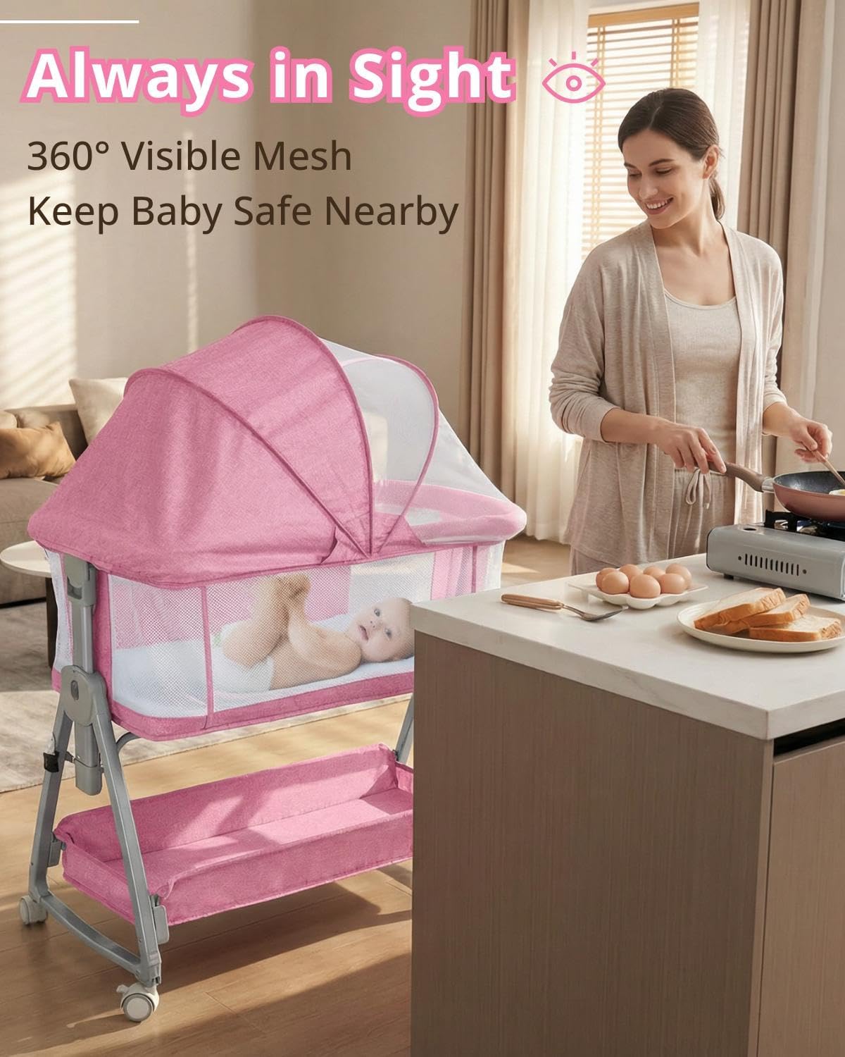 Bedside Bassinet for Baby, Sturdy 3 in 1 Bedside Sleeper with Mattress & Wheels, Height Adjustable, Breathable Mesh, Storage Basket, Easy to Assemble for Newborn, Grey