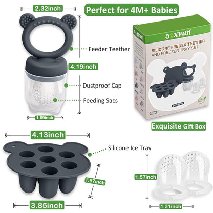 Silicone Baby Fruit Food Feeder & Mini Freezer Nibble Tray, Breastmilk Popsicle Molds for Baby Teething Relief, BPA Free Silicone Teething Toys Feeder for Safe Infant Self Feeding, Extra Food Pouches