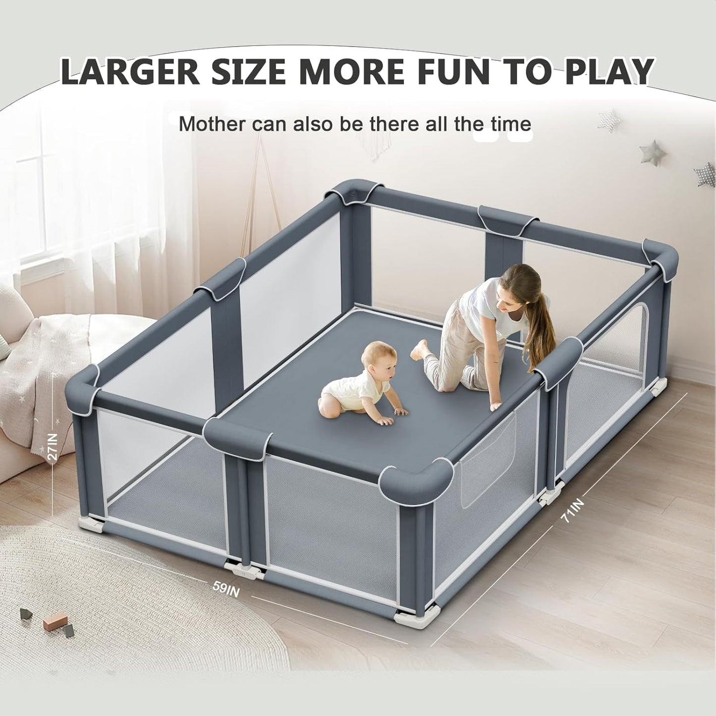 G TALECO GEAR Foldable Playpen for Babies and Toddlers, 71"x79" Portable Play Yard with Mat, Kids Collapsible Play Pen with Sturdy Metal Frame & Mesh Walls, Indoor & Outdoor Baby Fence Play Area