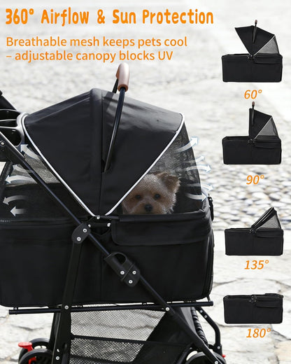 Pet Stroller with Removable Carrier, 35lbs Capacity - One-Click Foldable Dog Stroller, Cat Carrier & All-Terrain Wheels, Compact Travel Pet Stroller for Small to Medium Pets-Gray