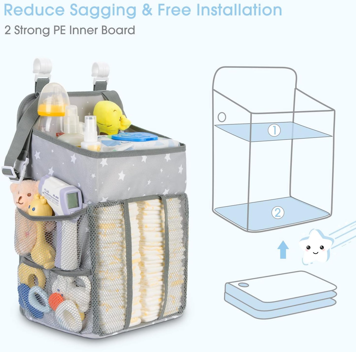 Maliton Changing Table Diaper Organizer - Baby Hanging Diaper Stacker Nursery Caddy Organizer for Cribs Playard Baby Essentials Storage (Gray)