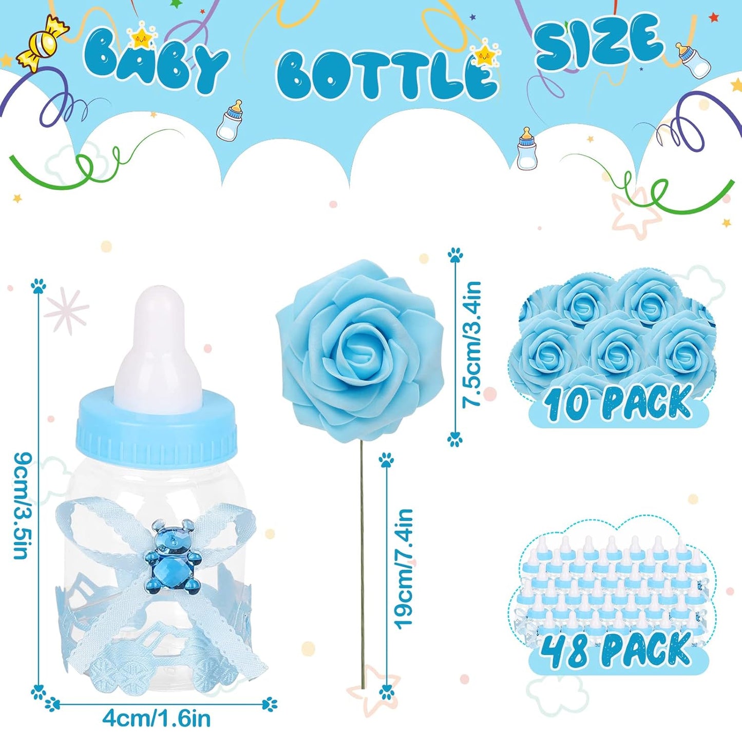 MACTING 2 Dozens 3.5 Inch Feeding Bottle Candy Box with 5 Pcs Artificial Flower Rose for Baby Shower Favor Gift Decoration (Pink)