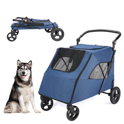 Large Dog Travel Stroller with 4 Heavy Duty Wheels Pet Stroller with Adjustable Handle - Double Doggie Capacity Jogger Wagon with Back Front Door for Small Medium Large Dogs (Dark Light Gray)