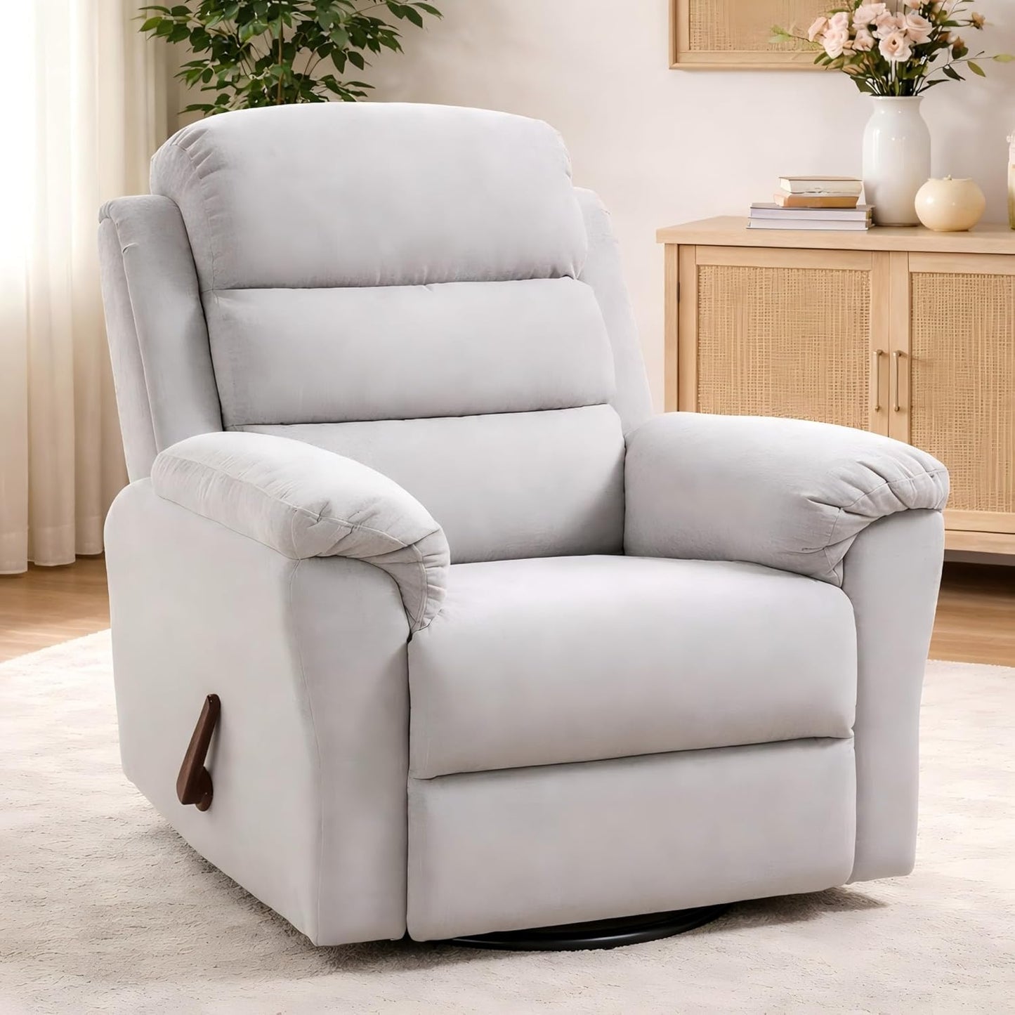 FLEXISPOT Souffle Swivel Rocker Recliner Chair for Adults, Nursery Rocking Glider Chair with Massage & Heat, FSC Wood Frame, Manual Recliner for Living Room, Nursery & Relaxation, Light Grey