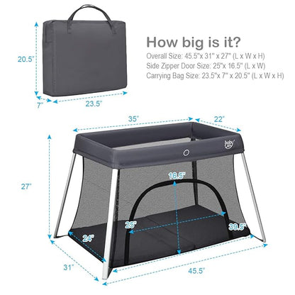 BABY JOY Baby Foldable Travel Crib, 2 in 1 Portable Playpen with Soft Washable Mattress, Side Zipper Design, Lightweight Installation-Free Home Playard with Carry Bag, for Infants & Toddlers (Grey)