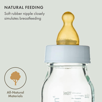 Natursutten Anti-Colic Glass Baby Bottle 2-Pack - 4 Ounce Bottles for Breastfeeding Babies - Newborn Bottles Set: Natural Rubber Slow-Flow Bottle Nipples, Seals, Valves, Baby Bottle Caps