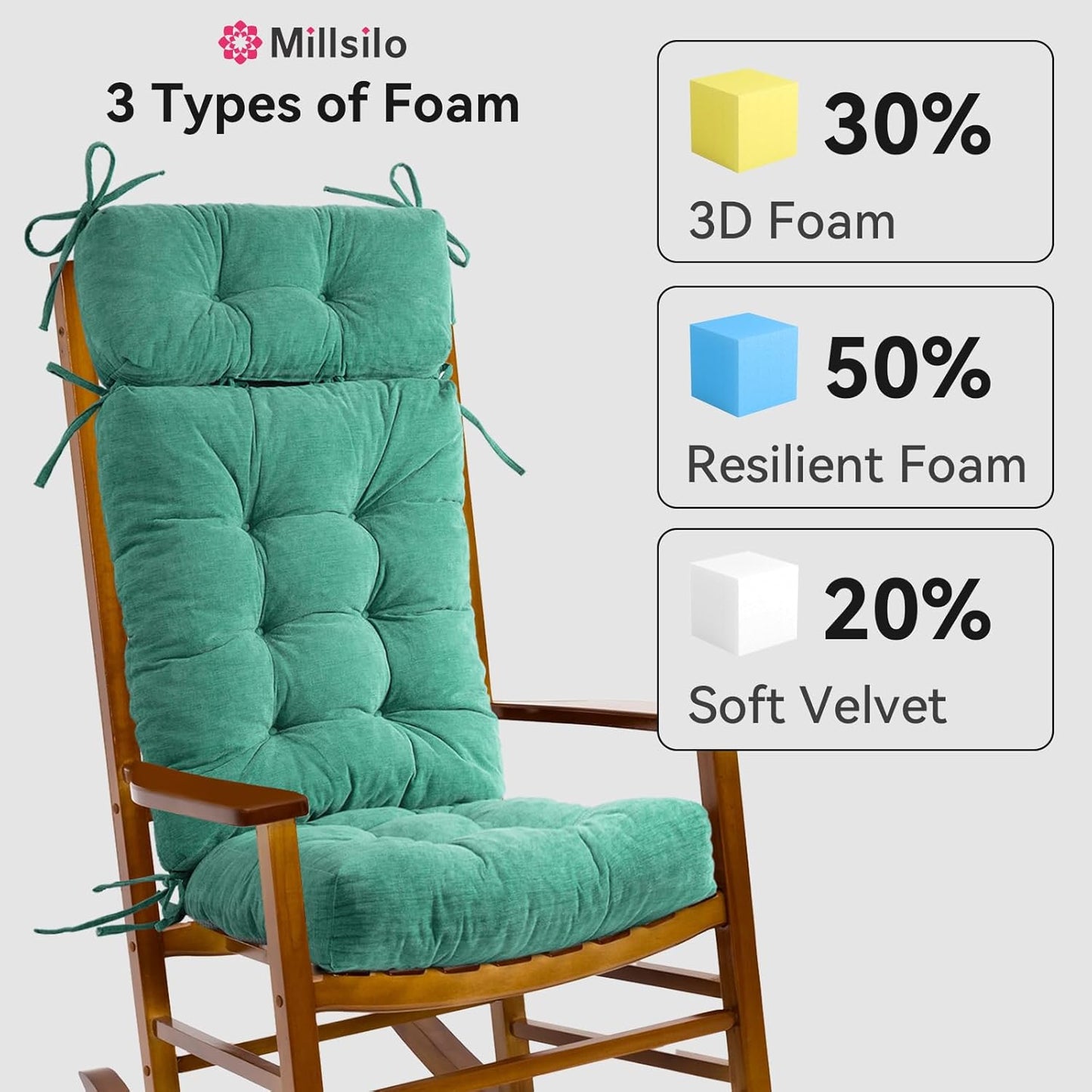 Millsilo Rocking Chair Cushions 3-Piece Set with Neck Pillow, Indoor Rocker Comfortable Tufted Non-Slip Pads with Ties, High-Density Foam Cushion for Adirondack Glider Chair, Orange, 52 x 19 x 4 Inch