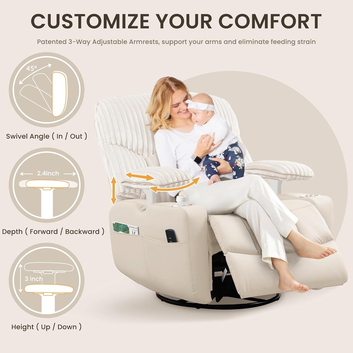 GRAINELL Oversize Power Swivel Recliner, 40in Wide Electric Glider Rocking Chair with Headrest Adjustment, USB Port, 270° Swivel, Rock 30° – for Living Room, Nursery, Black (5" 7' to 6" 1' Height)