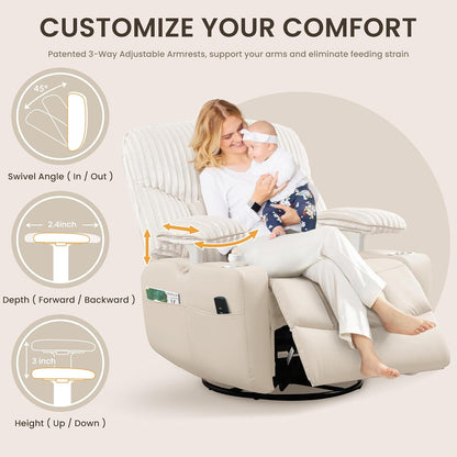 GRAINELL Oversize Power Swivel Recliner, 40in Wide Electric Glider Rocking Chair with Headrest Adjustment, USB Port, 270° Swivel, Rock 30° – for Living Room, Nursery, Black (5" 7' to 6" 1' Height)