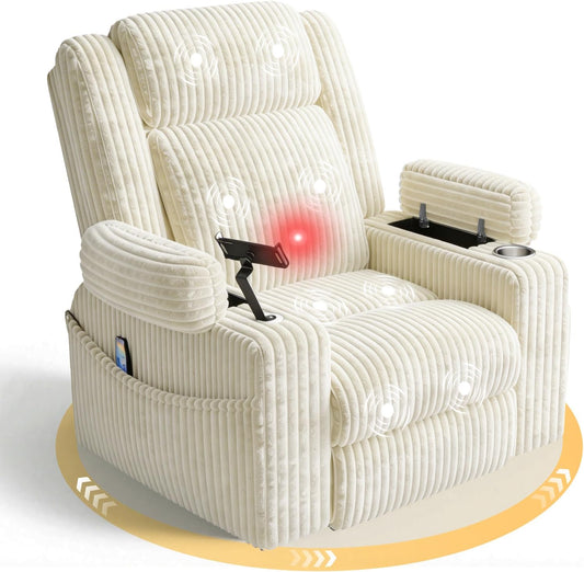 EROMMY Power Oversized Swivel Rocker Recliner with Massage and Heat, Nursery Rocking Chairs for Living Room, Comfy Glider Chair with Cup Holders, Armrest Storage,USB&Type-C Ports,Beige