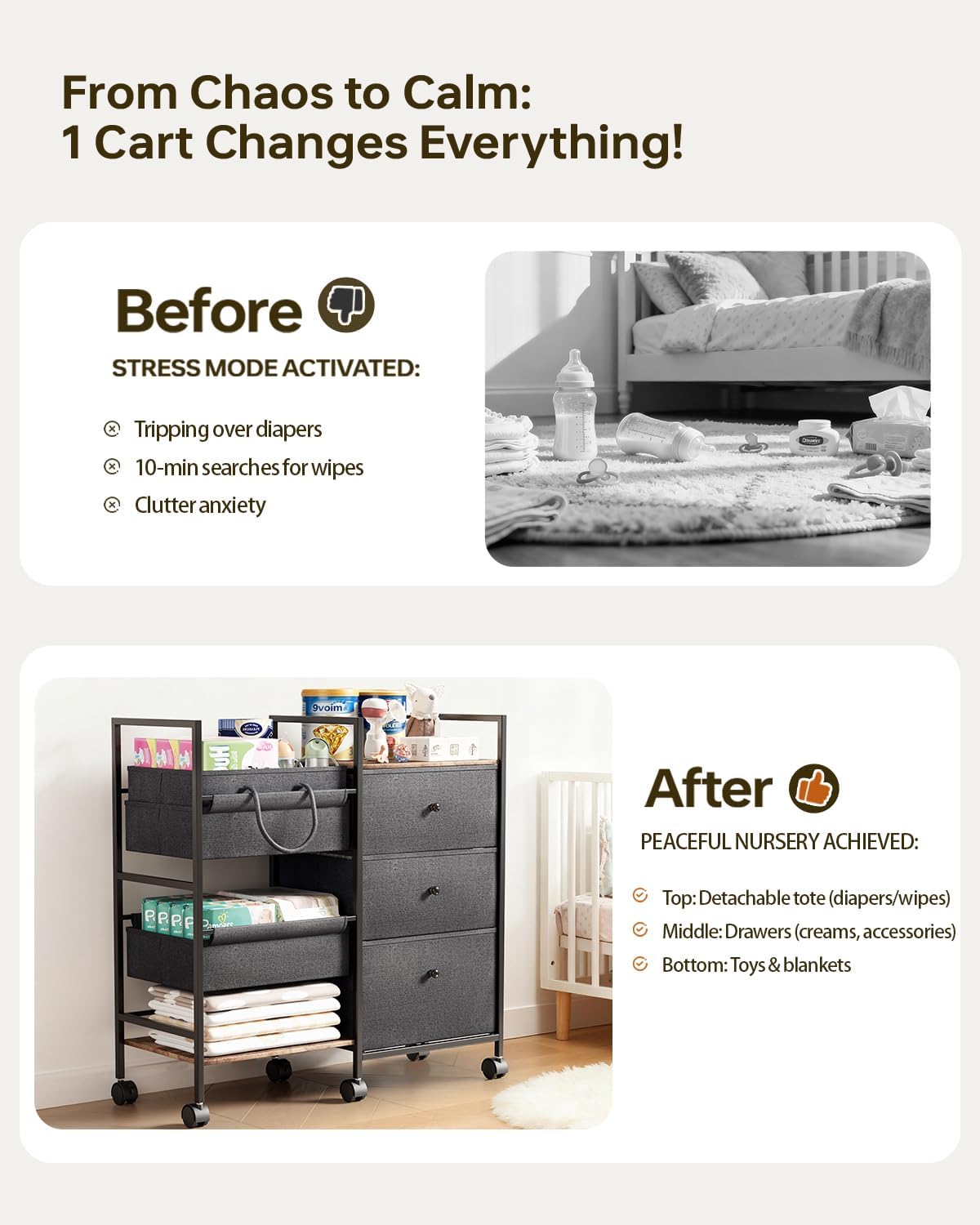 2-in-1 Baby Diaper Caddy Organizer and Storage-3 Tier Rolling Baby Cart with Dividers and Drawers, Baby Essentials for Nursery Storage, Mobile Utility Cart with Wheels Large Capacity Easy To Assemble