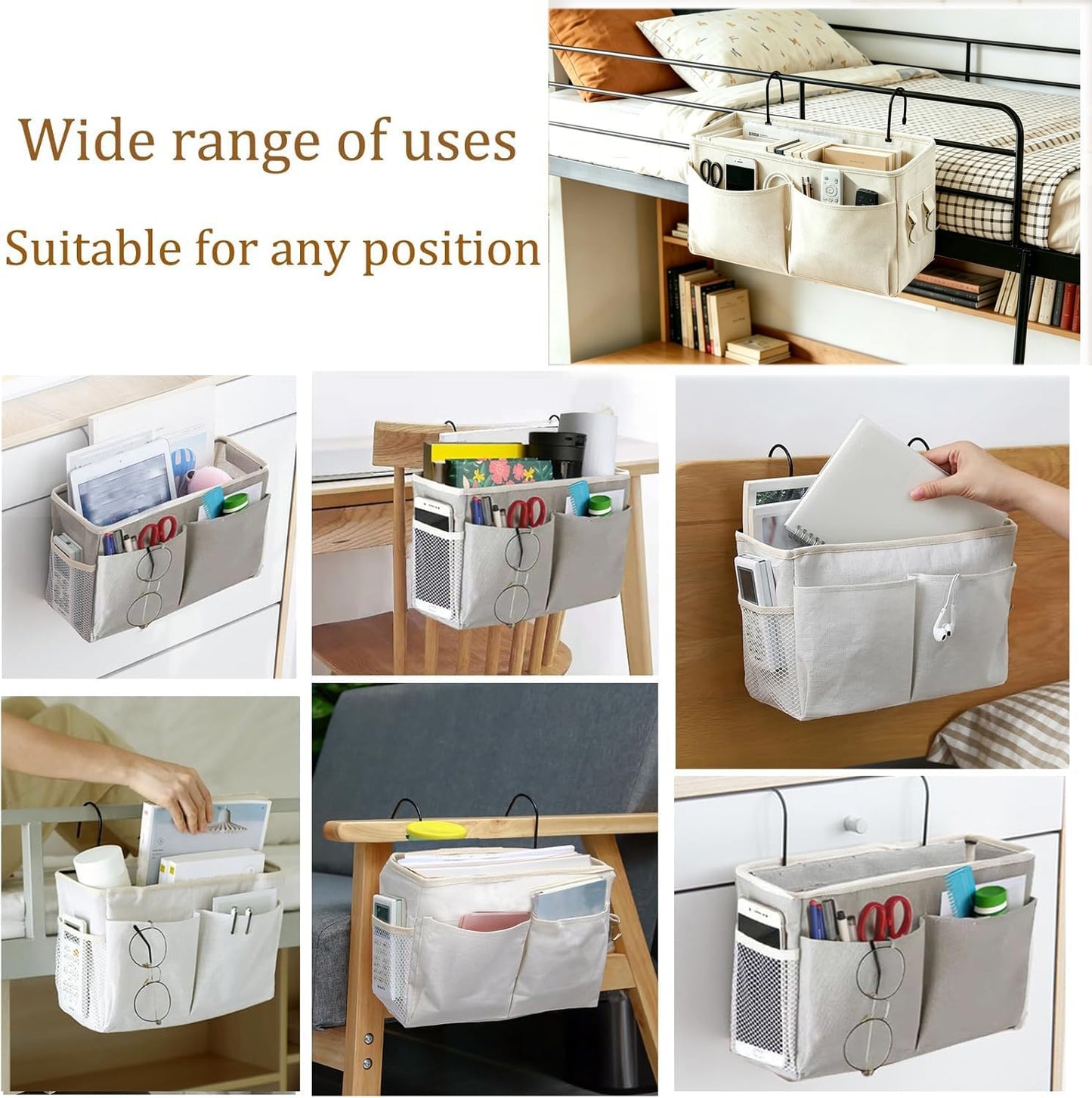 Bedside Caddy Organizer/Bedside Hanging Storage Bag Multi-Function Caddy for Bunk bed Hospital Beds Dorm Bed Rails, Holders Books Glasses Phones Magazine(White)