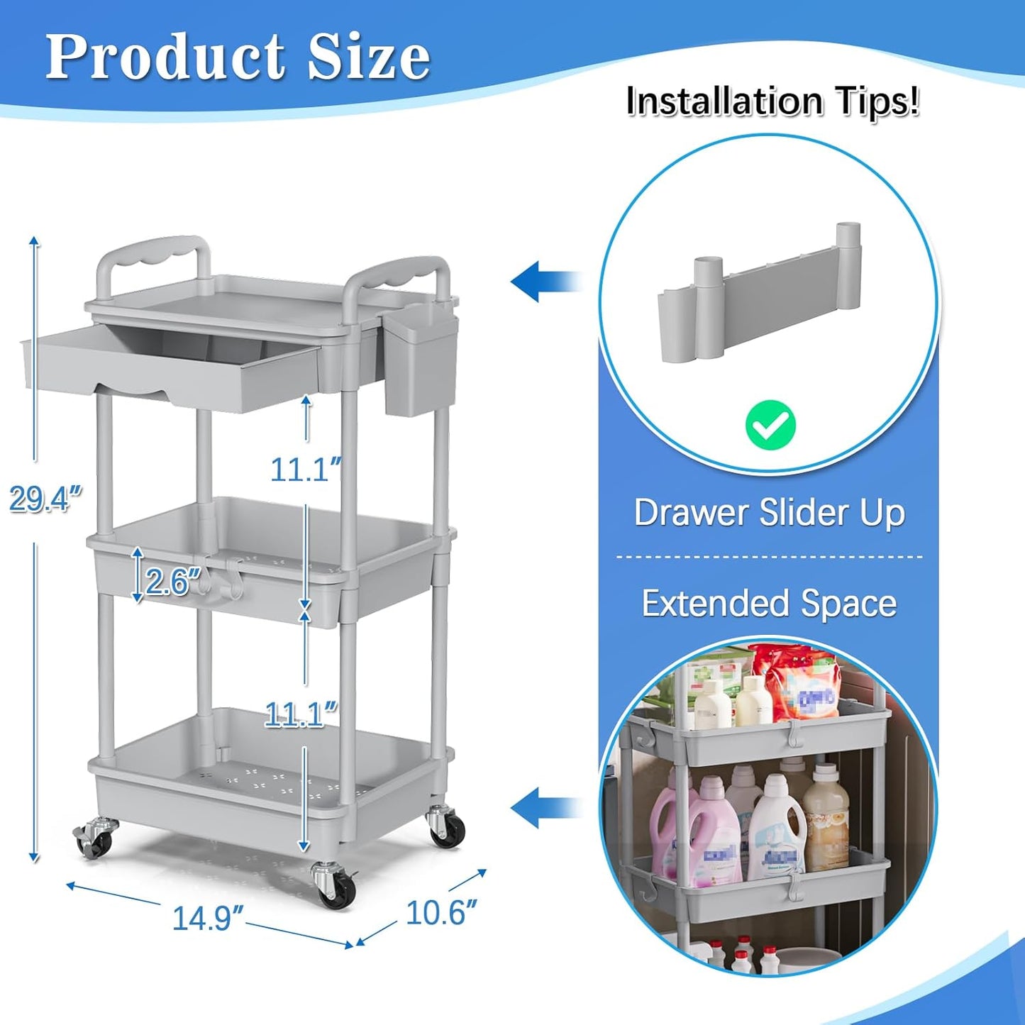 SUNALLY 3 Tier Rolling Cart with Drawer, Bathroom Storage Organizer with 2 Lockable Wheels, Multifunctional Rolling Storage Cart for Bathroom, Kitchen, Office, Craft, Makeup, Baby Essentials, White