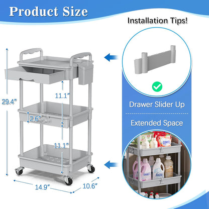 SUNALLY 3 Tier Rolling Cart with Drawer, Bathroom Storage Organizer with 2 Lockable Wheels, Multifunctional Rolling Storage Cart for Bathroom, Kitchen, Office, Craft, Makeup, Baby Essentials, White