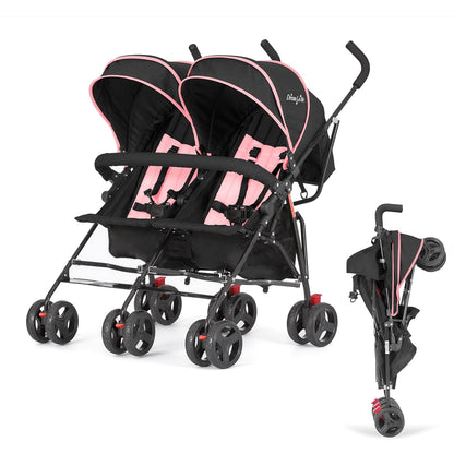 Dream On Me Volgo Twin Umbrella Stroller in Black, Lightweight Double Stroller for Infant & Toddler, Compact Easy Fold, Large Storage Basket, Large and Adjustable Canopy