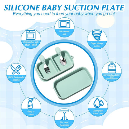 Uiifan 2 Pack Baby Suction Plate Set Silicone Suction Plate with Lid Divided Bowls for Portable Toddler Utensils Compact for Self Feeding Baby Travel Essential(Blue, Sage Green)